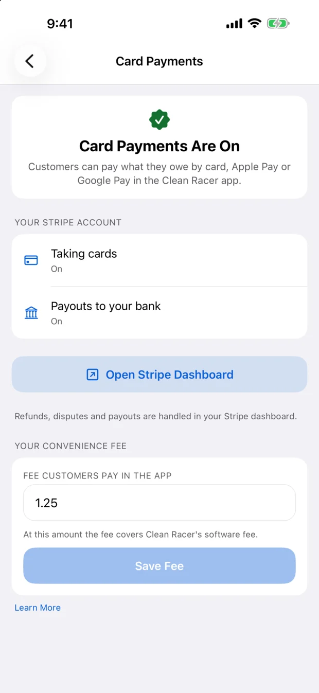 Card Payments in CR Business: card payments are on, with the store's Stripe account and convenience fee.