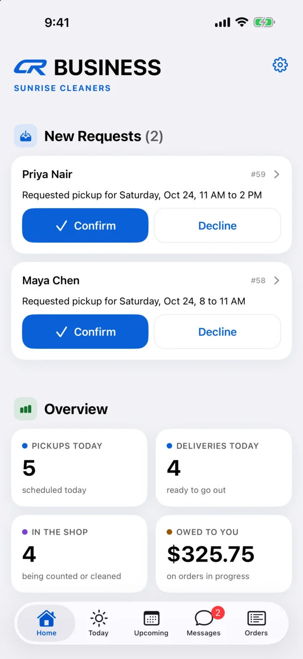 The CR Business app's Home screen: new pickup requests to confirm, and an overview of the day.