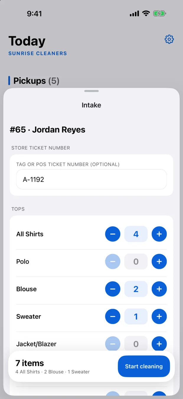 Intake in CR Business: a store ticket number, item counts and a running total.