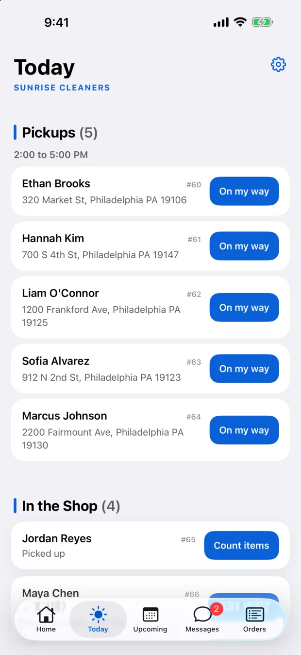 Today in CR Business: pickups, orders in the shop and deliveries on one shared list.