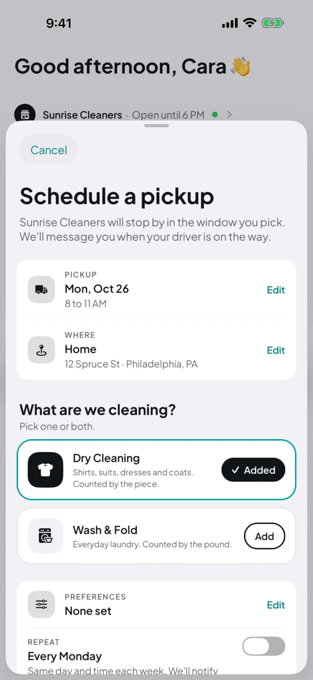 Booking a pickup: choose a day, then a time window.