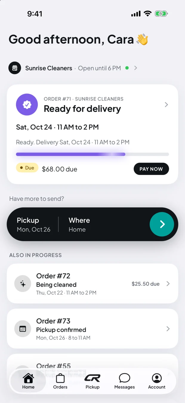 The Clean Racer app's Home screen: an order that is ready for delivery with the amount due, a Request Pickup button, and your other orders in progress.