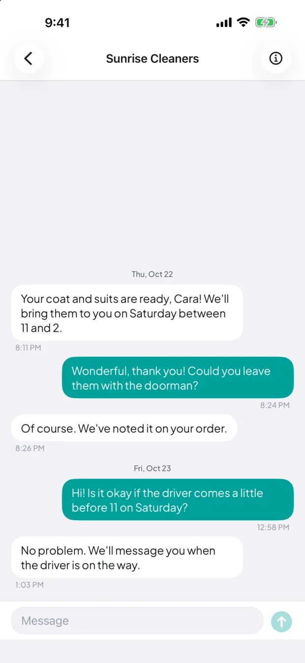 A message thread with your cleaner inside the app.