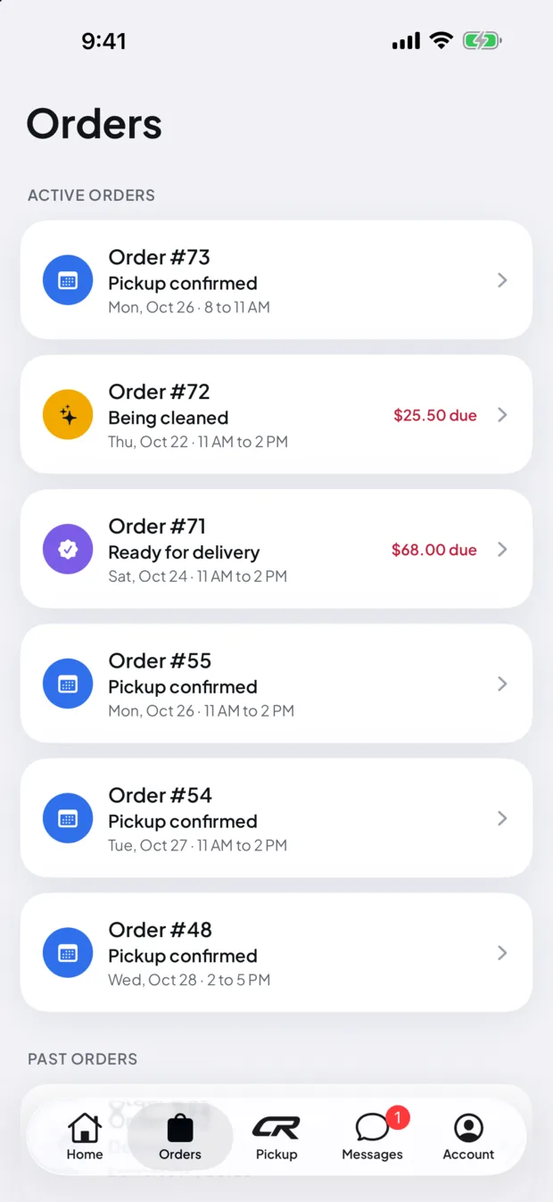 Your orders: active orders with their status and the amount due, and past orders below.
