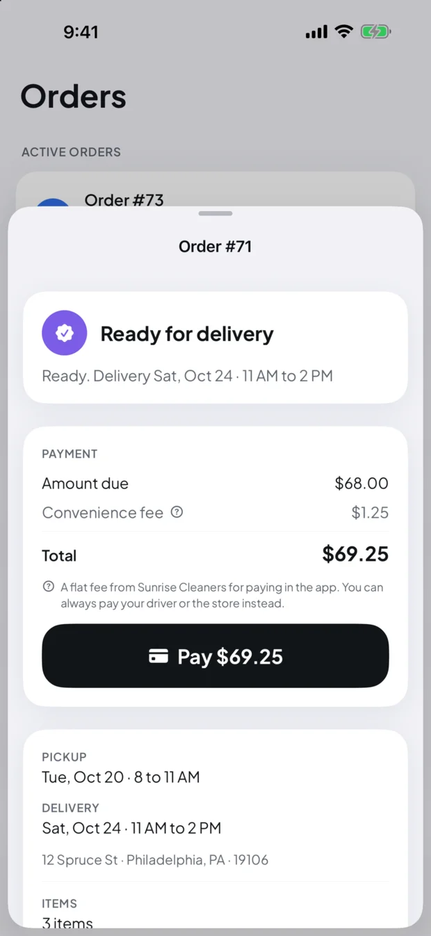 Paying for an order in the app: the amount due, the cleaner's convenience fee, the total and a Pay button.